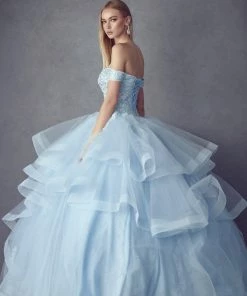 Layered Off Shoulder Glitter Ball Gown By Juliet 1432