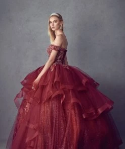 Layered Off Shoulder Glitter Ball Gown By Juliet 1432