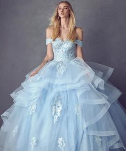 Layered Off Shoulder Glitter Ball Gown By Juliet 1432