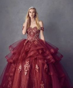 Layered Off Shoulder Glitter Ball Gown By Juliet 1432