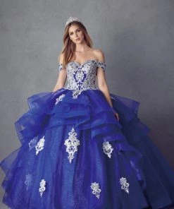 Layered Off Shoulder Glitter Ball Gown By Juliet 1432