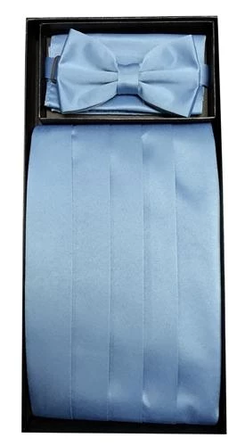 Vesuvio Napoli Light Blue Poly Satin Cummerbund, Bow Tie, And Hanky Set Men 3 Vesuvio Napoli Light Blue Poly Satin Cummerbund, Bow Tie, And Hanky Set Men
