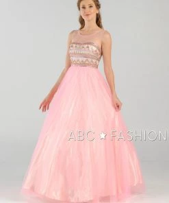 Long A-line Ball Gown With Beaded Illusion Bodice By Poly USA 7726