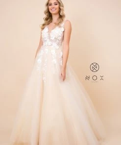 Long A-line Dress With 3D Appliques By Nox Anabel F339