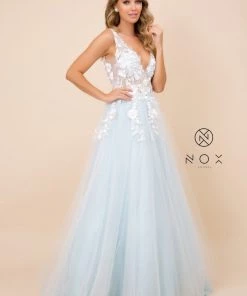 Long A-line Dress With 3D Appliques By Nox Anabel F339