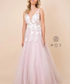 Long A-line Dress With 3D Appliques By Nox Anabel F339