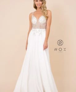 Long A-line Dress With Beaded Sheer Bodice By Nox Anabel T315 Prom