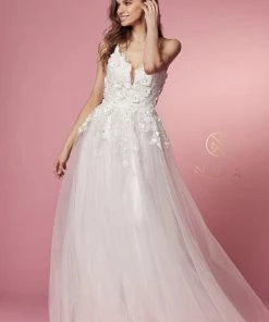 Long A-line Dress With Floral Appliques By Nox Anabel R346 Prom