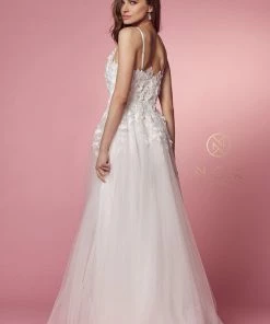 Long A-line Dress With Floral Appliques By Nox Anabel R346 Prom