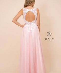 Long A-line Dress With Lace Applique Bodice By Nox Anabel G048 Prom 14 Long A-line Dress With Lace Applique Bodice By Nox Anabel G048 Prom