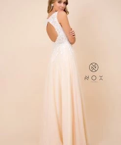 Long A-line Dress With Lace Applique Bodice By Nox Anabel G048 Prom 18 Long A-line Dress With Lace Applique Bodice By Nox Anabel G048 Prom