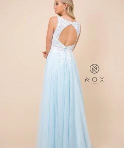 Long A-line Dress With Lace Applique Bodice By Nox Anabel G048 Prom 16 Long A-line Dress With Lace Applique Bodice By Nox Anabel G048 Prom