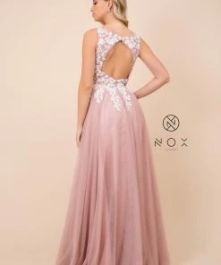 Long A-line Dress With Lace Applique Bodice By Nox Anabel G048 Prom