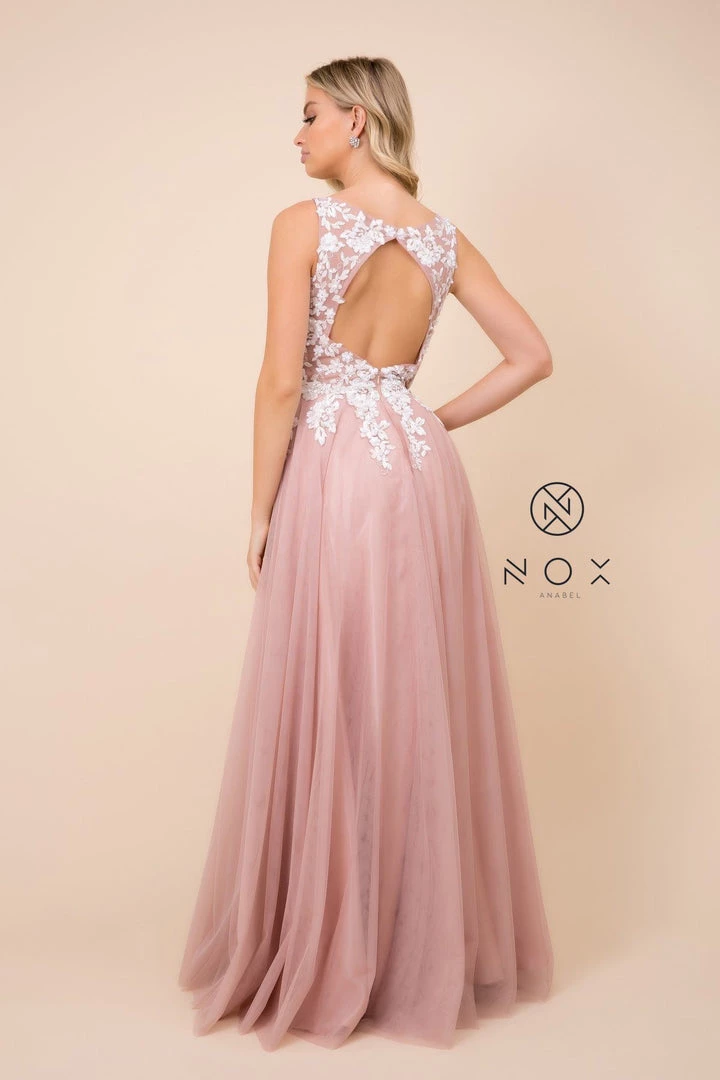 Long A-line Dress With Lace Applique Bodice By Nox Anabel G048 Prom 4 Long A-line Dress With Lace Applique Bodice By Nox Anabel G048 Prom