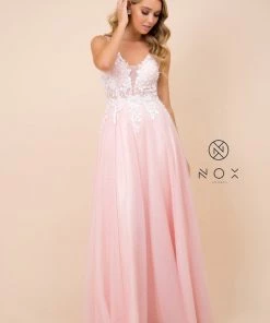Long A-line Dress With Lace Applique Bodice By Nox Anabel G048 Prom 13 Long A-line Dress With Lace Applique Bodice By Nox Anabel G048 Prom