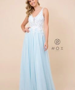 Long A-line Dress With Lace Applique Bodice By Nox Anabel G048 Prom 15 Long A-line Dress With Lace Applique Bodice By Nox Anabel G048 Prom