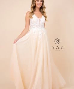 Long A-line Dress With Lace Applique Bodice By Nox Anabel G048 Prom 17 Long A-line Dress With Lace Applique Bodice By Nox Anabel G048 Prom