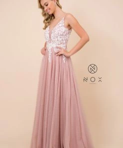 Long A-line Dress With Lace Applique Bodice By Nox Anabel G048 Prom