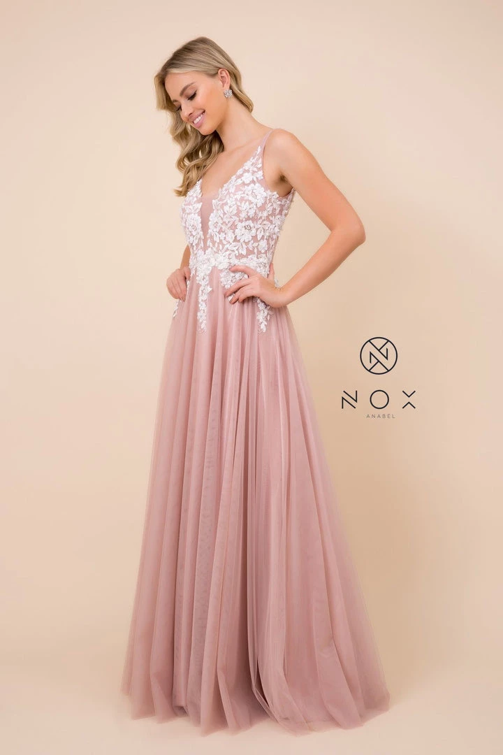 Long A-line Dress With Lace Applique Bodice By Nox Anabel G048 Prom 3 Long A-line Dress With Lace Applique Bodice By Nox Anabel G048 Prom