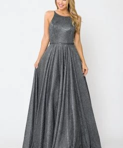 Long A-line Glitter Dress With Corset Back By Poly USA 8436 Prom