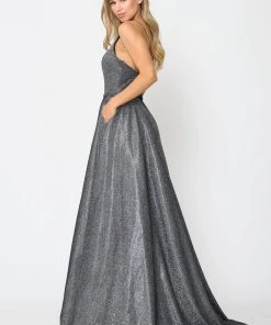 Long A-line Glitter Dress With Corset Back By Poly USA 8436 Prom