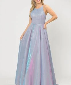Long A-line Glitter Dress With Corset Back By Poly USA 8436 Prom
