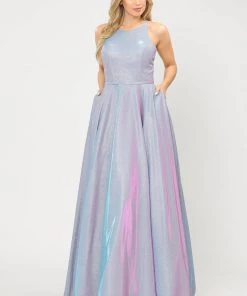 Long A-line Glitter Dress With Corset Back By Poly USA 8436 Prom