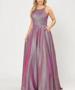 Long A-line Glitter Dress With Corset Back By Poly USA 8436 Prom