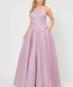 Long A-line Glitter Dress With Corset Back By Poly USA 8436 Prom