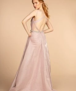 Long A-line Glitter Dress With Jeweled Waistband By Elizabeth K GL2504 Prom