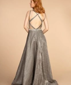 Long A-line Glitter Dress With Jeweled Waistband By Elizabeth K GL2504 Prom