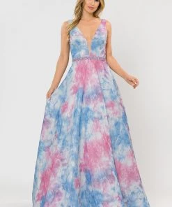 Prom Long A-line Glitter Tie Dye Formal Dress By Poly USA 8346