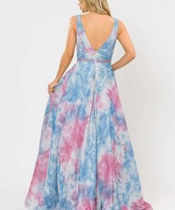 Prom Long A-line Glitter Tie Dye Formal Dress By Poly USA 8346
