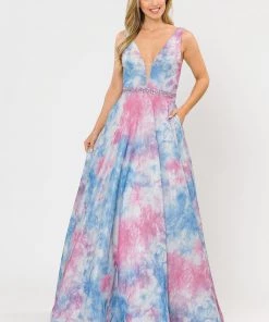 Prom Long A-line Glitter Tie Dye Formal Dress By Poly USA 8346