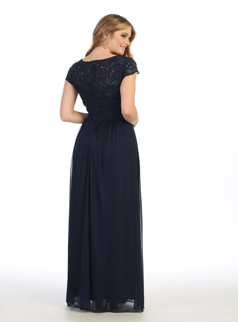 Long A-line Lace Bodice Dress With Short Sleeves By Celavie 6469 9 Long A-line Lace Bodice Dress With Short Sleeves By Celavie 6469