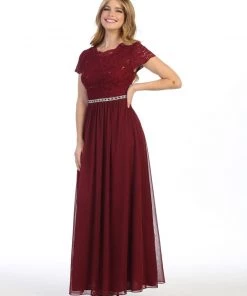 Long A-line Lace Bodice Dress With Short Sleeves By Celavie 6469 19 Long A-line Lace Bodice Dress With Short Sleeves By Celavie 6469