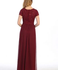 Long A-line Lace Bodice Dress With Short Sleeves By Celavie 6469