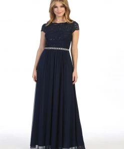 Long A-line Lace Bodice Dress With Short Sleeves By Celavie 6469 23 Long A-line Lace Bodice Dress With Short Sleeves By Celavie 6469