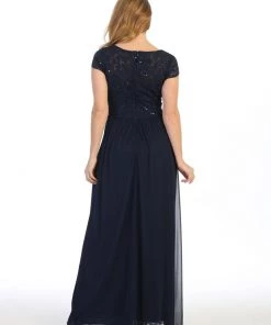 Long A-line Lace Bodice Dress With Short Sleeves By Celavie 6469 24 Long A-line Lace Bodice Dress With Short Sleeves By Celavie 6469