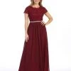 Long A-line Lace Bodice Dress With Short Sleeves By Celavie 6469