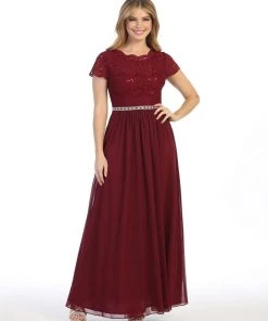 Long A-line Lace Bodice Dress With Short Sleeves By Celavie 6469