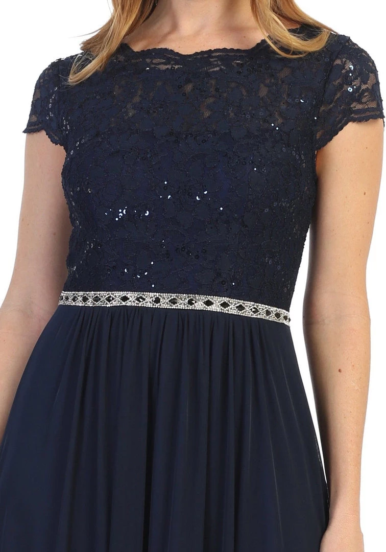 Long A-line Lace Bodice Dress With Short Sleeves By Celavie 6469 10 Long A-line Lace Bodice Dress With Short Sleeves By Celavie 6469