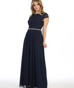 Long A-line Lace Bodice Dress With Short Sleeves By Celavie 6469 25 Long A-line Lace Bodice Dress With Short Sleeves By Celavie 6469