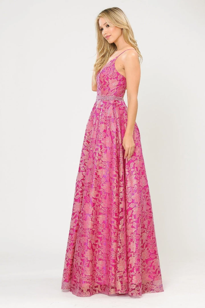 Prom Long A-line Metallic Floral Lace Dress By Poly USA 8562 14 Prom Long A-line Metallic Floral Lace Dress By Poly USA 8562