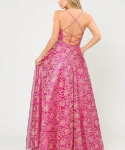 Prom Long A-line Metallic Floral Lace Dress By Poly USA 8562 26 Prom Long A-line Metallic Floral Lace Dress By Poly USA 8562