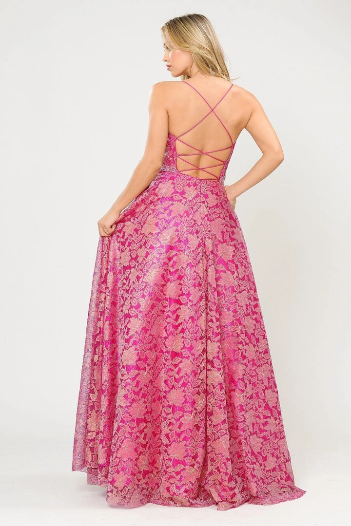 Prom Long A-line Metallic Floral Lace Dress By Poly USA 8562 13 Prom Long A-line Metallic Floral Lace Dress By Poly USA 8562