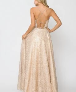 Prom Long A-line Metallic Floral Lace Dress By Poly USA 8562