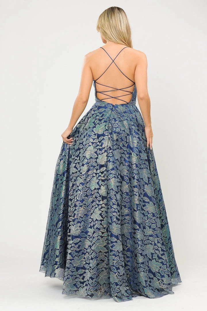 Prom Long A-line Metallic Floral Lace Dress By Poly USA 8562 10 Prom Long A-line Metallic Floral Lace Dress By Poly USA 8562