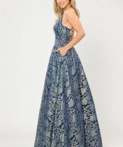 Prom Long A-line Metallic Floral Lace Dress By Poly USA 8562 21 Prom Long A-line Metallic Floral Lace Dress By Poly USA 8562