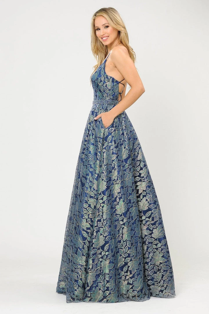 Prom Long A-line Metallic Floral Lace Dress By Poly USA 8562 8 Prom Long A-line Metallic Floral Lace Dress By Poly USA 8562